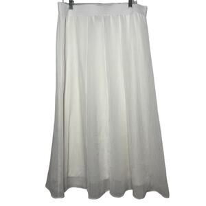 White Midi Skirt Womens Size Medium Flowy Lined Sheer Pull On Elastic Waist